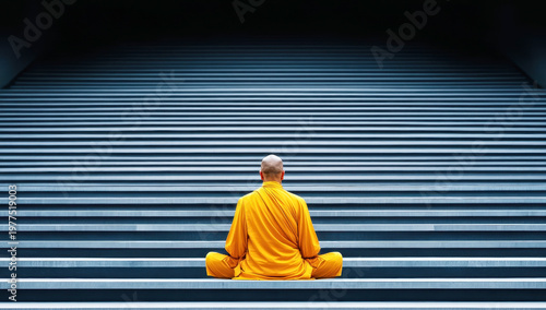 A serene bald monk sits cross-legged on steps, meditating in his orange robe