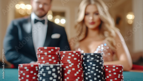 Elegant couple in formal wear sits at a casino table with stacks of poker chips, enjoying a luxurious gambling game