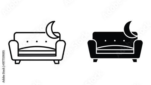 Two contrasting sofas with a crescent moon silhouette above each armrest