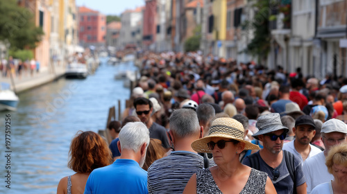 Overwhelmed Venice canal scene with excessive tourist crowds blocking narrow walkway, frustrated residents navigating daily errands through dense visitor masses, ideal for overtour