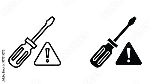 Contrast between a safe and an unsafe screwdriver use with warning symbols