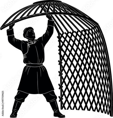 Traditional kyrgyz yurt construction a worker raising the lattice wall of a nomadic dwelling