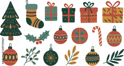 Festive Christmas holiday collection featuring decorated pine tree gift boxes hanging stockings holly berries candy cane and colorful ornamental baubles for seasonal winter celebration icon set