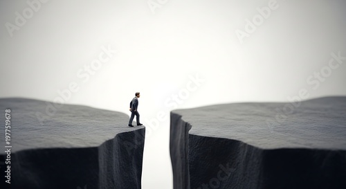 Man walks towards a dangerous chasm, isolated on transparent background