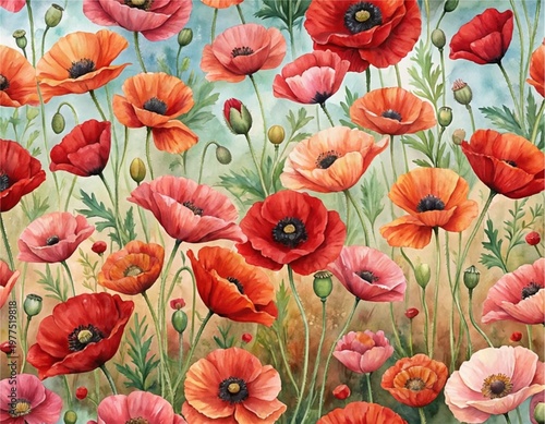 Watercolor red and orange poppy flowers pattern on a field, botanical background with wild blossoms