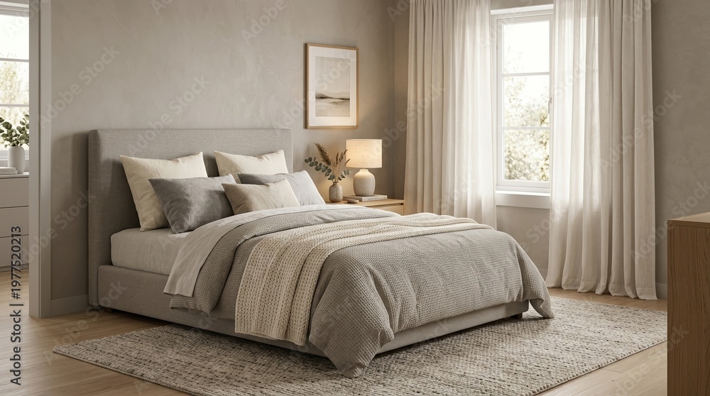 Fototapeta premium Calm gray-beige bedroom with a soft upholstered bed layered in neutral textiles, bedside table, flowing curtains, and a textured