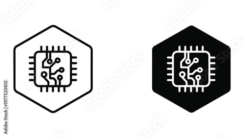 Contrasting microchip icons in hexagon shapes with different background colors