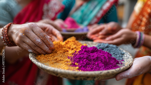 Holi festival celebration with women entrepreneurs exchanging colorful powder while discussing microfinance cooperative expansion plans, spring cultural business gathering atmosphe