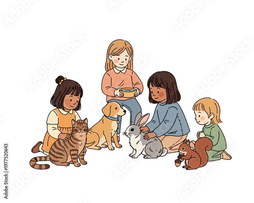 A group of diverse children happily interacting with various domestic and wild animals in a playful setting.