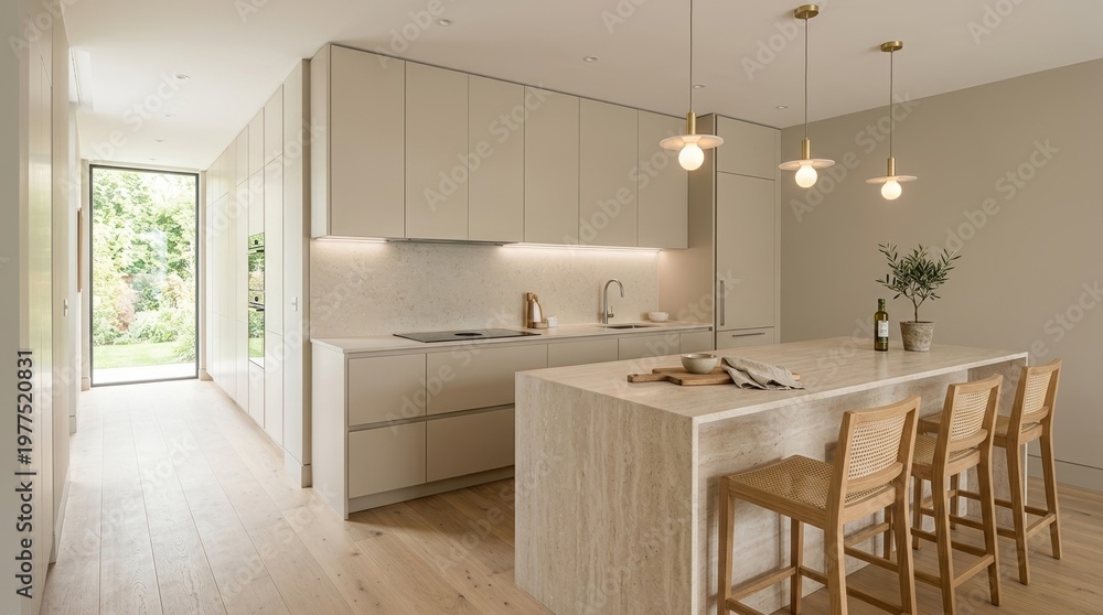 Fototapeta premium Side perspective of an elegant minimal kitchen in beige tones featuring a stone island, seamless cabinets, stools, pendant