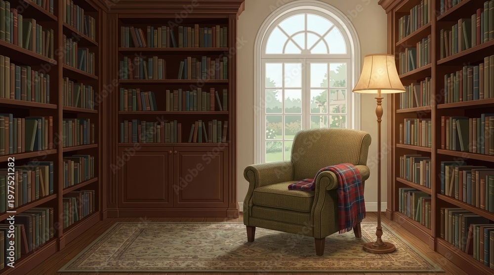 Fototapeta premium Front-facing composition of a classic home library interior showcasing wooden shelves, books, an armchair, a plaid, and a lamp,