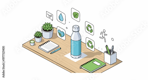 Isometric Sustainable Workspace Illustration with Reusable Water Bottle, Green Office Supplies, Recycling Icons, and Potted Plants on Desk