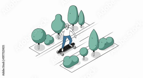 Isometric Vector Illustration of a Man Riding a Longboard on a Tree-Lined Urban Path - Minimalist Green and Blue Design