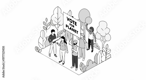 Isometric Illustration of Diverse People Protesting for Climate Change with a Vote for Planet Sign in a Forest Landscape