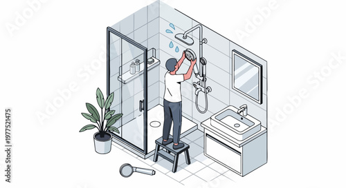 Man Fixing Leaking Showerhead on Stepladder in Modern Bathroom, Isometric DIY Home Repair Concept Illustration