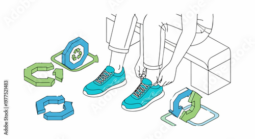 Sustainable Footwear Concept: Person Tying Laces of Eco-Friendly Sneakers with Recycling Symbols, Representing Circular Economy and Green Living