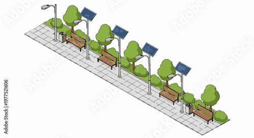 Isometric City Park Walkway with Solar Powered Street Lights, Benches, and Green Trees. Sustainable Urban Infrastructure and Smart City Concept Illustration.