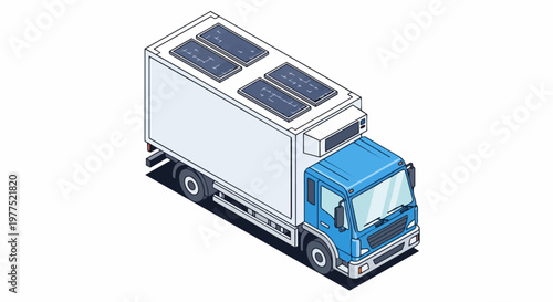 Isometric refrigerated delivery truck with solar panels on the roof for green logistics and sustainable transportation.