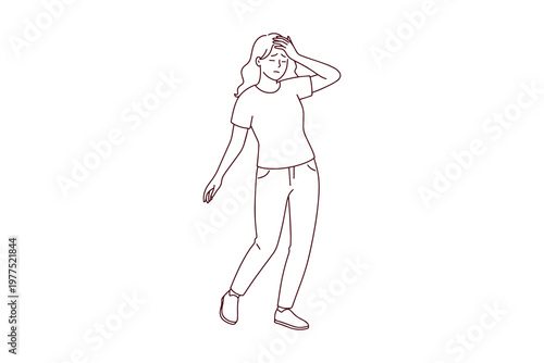 Black and white coloring page showing a young woman holding her forehead in pain. Educational line art of a person suffering from a headache, dizziness, or about to faint.
