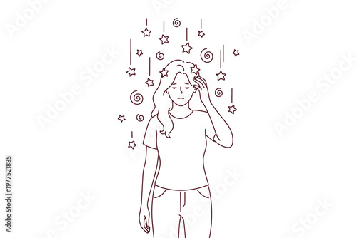 Coloring book page featuring a dizzy or sleepy girl surrounded by abstract symbols. Line art representing confusion, dreaming, or a Mental Health concept of spinning thoughts.