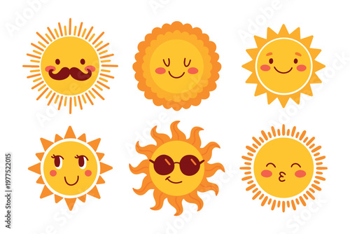 Set of six humorous sun icons with unique personalities, including moustaches and glasses. Perfect for fun summer designs, branding, and kids merchandise.
