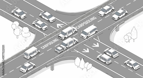 Isometric Illustration of Carpooling Lane on a Highway Overpass with Cars and Vans. Sustainable Urban Transport and Traffic Management Concept in Line Art Style.
