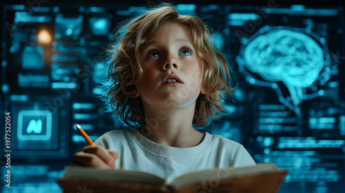 A young boy sitting with a pencil and notebook looking up in wonder at a glowing blue holographic digital interface features artificial intelligence symbolizing STEM education with next generation.