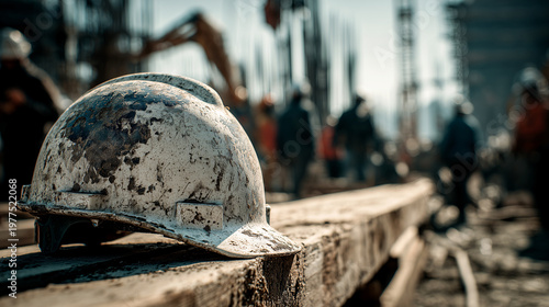 Close-up of a rugged worn-out white hard hat resting at a busy construction site blurred background shows the activity of workers and heavy machinery evokes the spirit of May Day or Workers' Day.