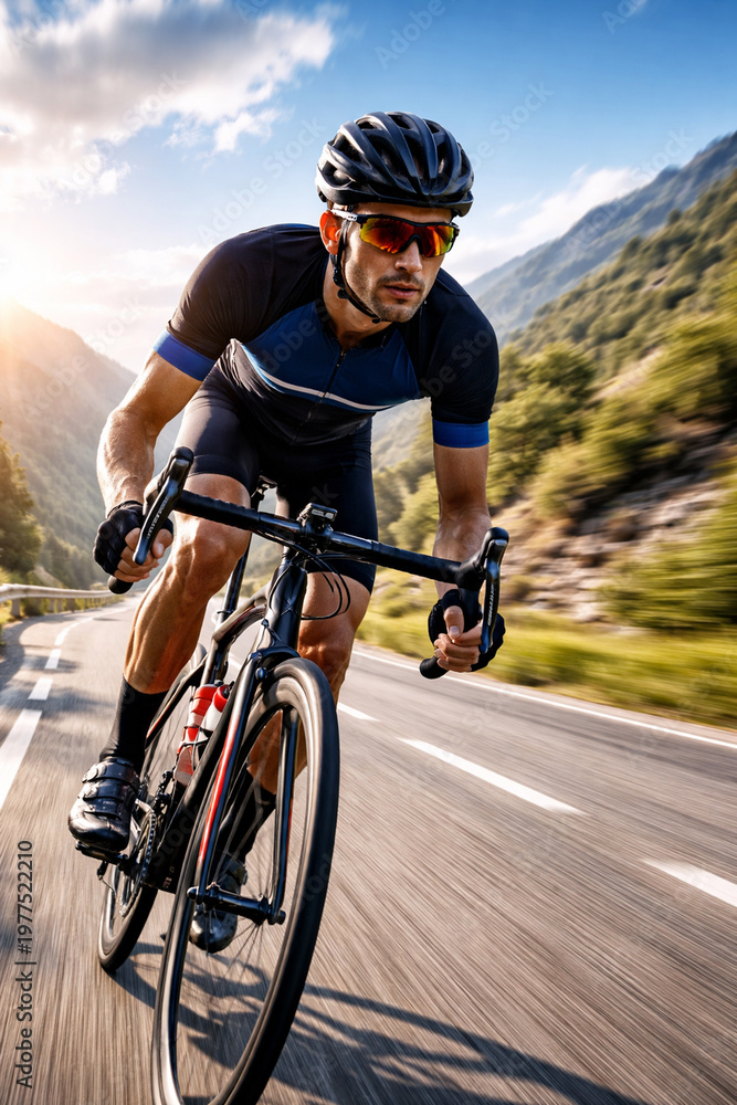 Fototapeta premium Cycling Ascent: A focused cyclist tackles a winding road, embodying the spirit of competition and perseverance against a scenic backdrop of mountains and a brilliant sky.
