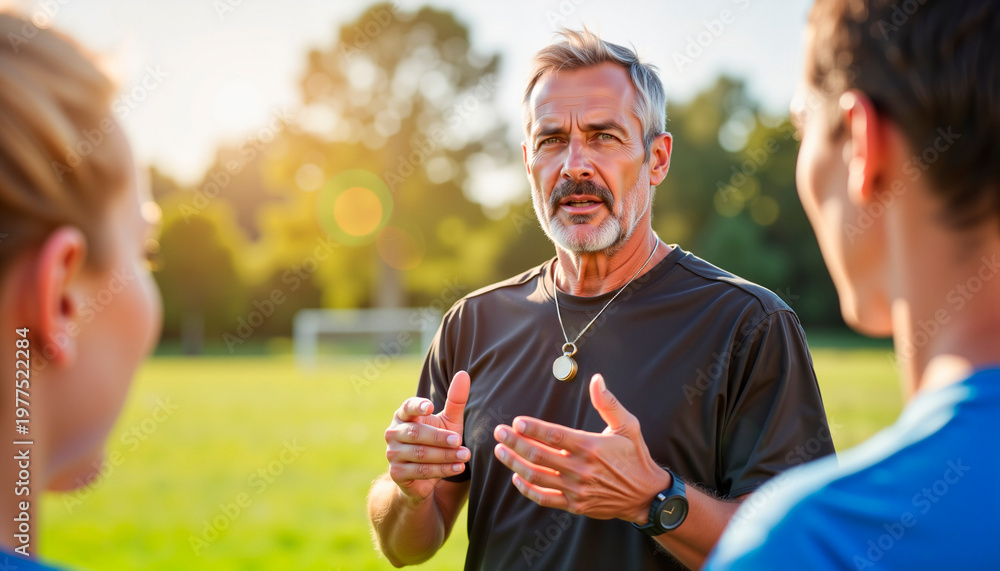 Naklejka premium Coach giving instructions on soccer field, leadership in action