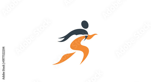 A stylized illustration depicting a running figure formed by flowing orange and dark blue shapes
