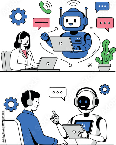 AI Chatbot and Customer Support Illustration Featuring Virtual Assistance, Conversation Interface, and Communication Technology