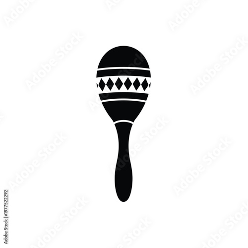 Black and white illustration of a maraca musical instrument with geometric pattern