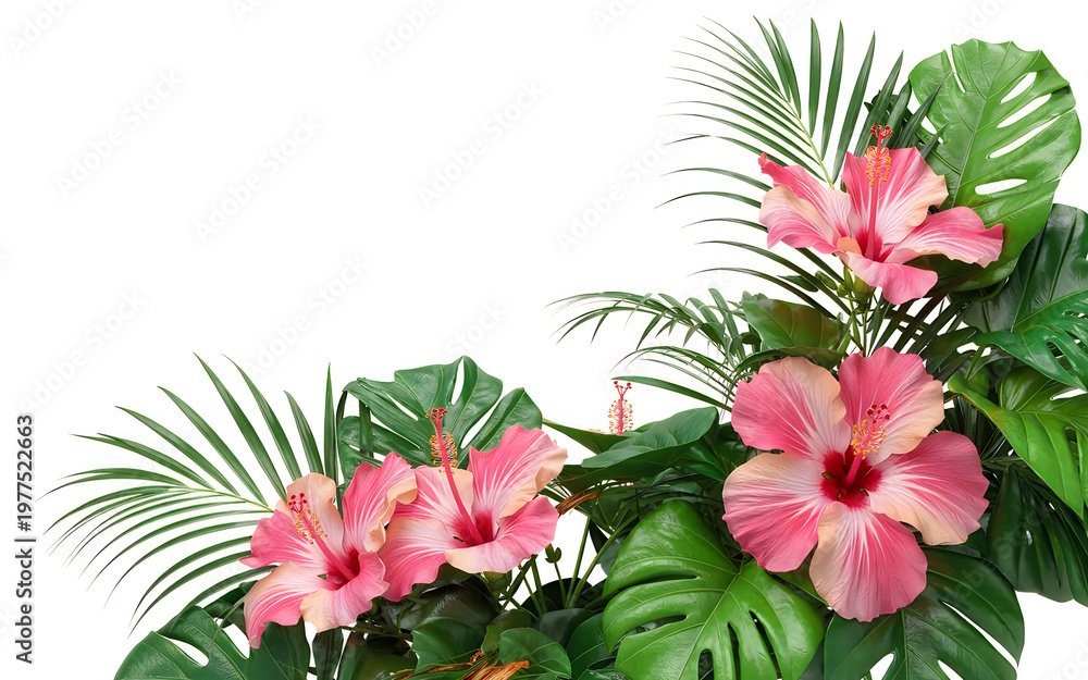 Fototapeta premium Tropical corner arrangement pink hibiscus flowers and green palm leaves on white background.