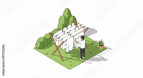 Isometric Illustration of a Man Hanging White Laundry on a Wooden Drying Rack in a Sunny Garden, Eco-friendly Household Chores Concept