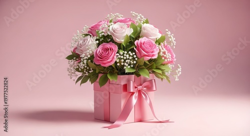 Pink roses and white flowers in a gift box with ribbon