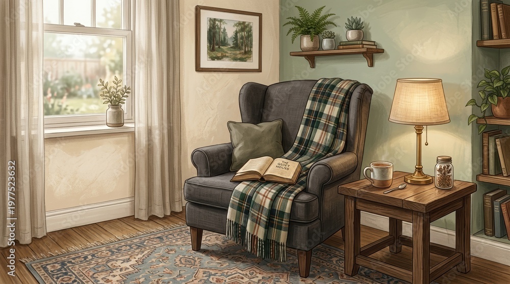 Fototapeta premium Corner view of a relaxing living space with an armchair, lamp, table, book, plaid, rug, and soft lighting, where light enhances