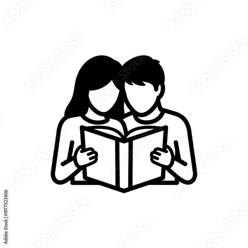 Two people reading a book together.