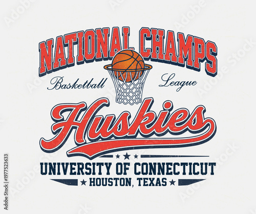 Vintage University of Connecticut Huskies Basketball Illustration - Retro National Champs Graphic with Basketball Hoop, Net, and Ball - Classic Houston Texas Collegiate Varsity Style Apparel T-Shirt D