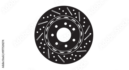 Black brake disc, car wheel rotor, circular metal part, vehicle brake component