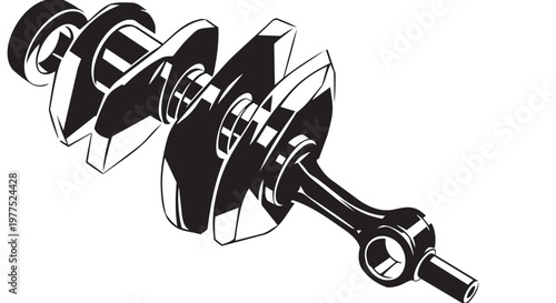 Mechanical crankshaft, engine component, industrial part, black and white vector