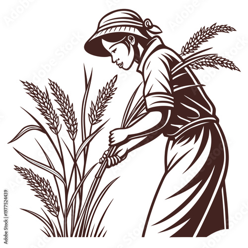 Vector illustration of a woman harvesting wheat in a field with a sickle