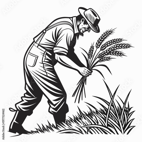 Black and white illustration of a farmer harvesting wheat in a field with a hat