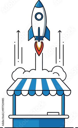 Rocket launching from a vibrant food cart on a sunny day outdoors quickly