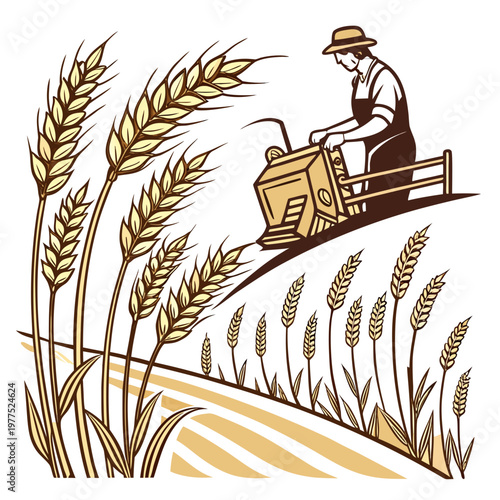 A farmer in a hat operates a harvester machine in a wheat field on a sunny day