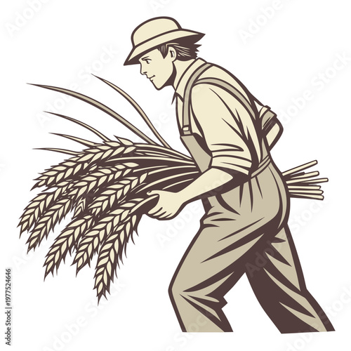 A man in overalls and a hat carrying a large bundle of wheat