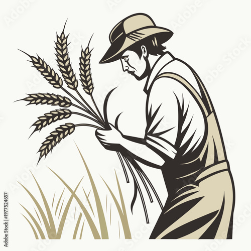 A man in a hat and overalls holding wheat in a field of grass on a sunny day outdoors