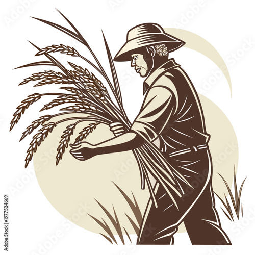 Vector illustration of a farmer holding wheat on a in a sepia tone
