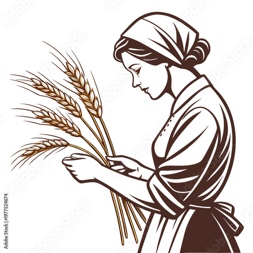 A woman in a headscarf holding wheat on a with a brown color scheme