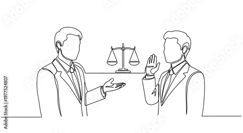 Two businessmen negotiating with justice scale.